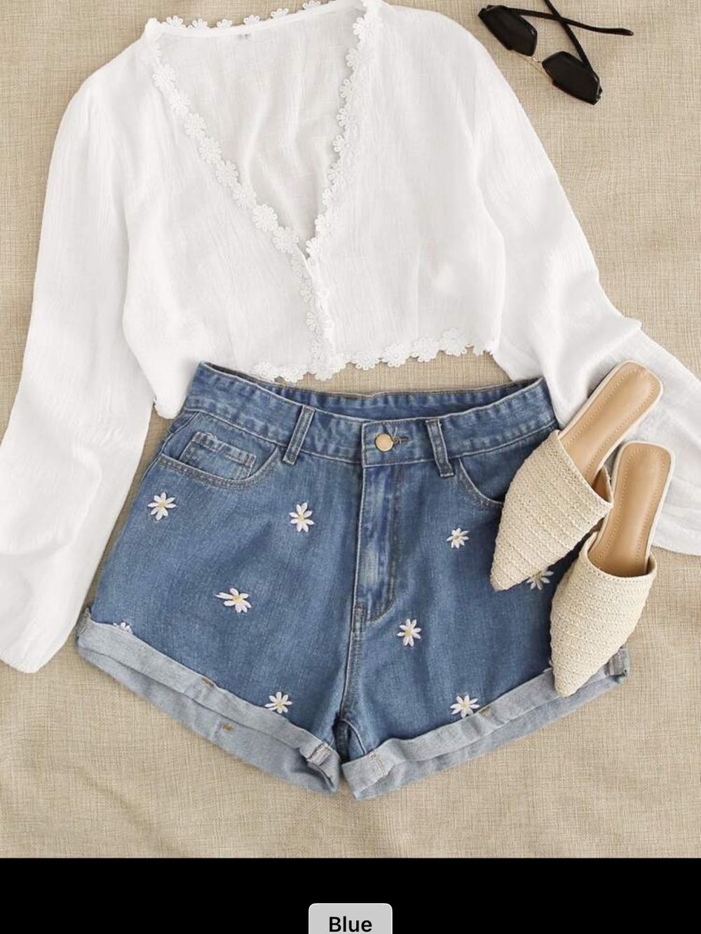 Floral Embroidered Denim Shorts - Blue